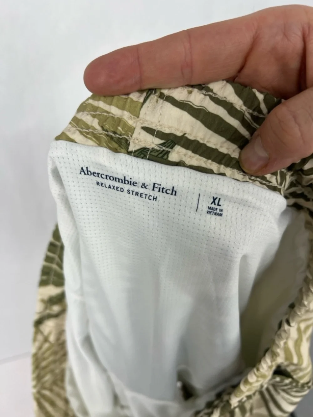 Abercrombie & Fitch Beige and Olive Green Palm Print Swim Trunks